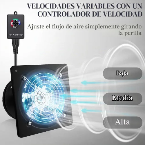 Vista 3 de WiseWater Ventilador de escape de 6 pulgadas negro con controlador de velocidad variable, 110V montado en la pared con reductor de contracorriente