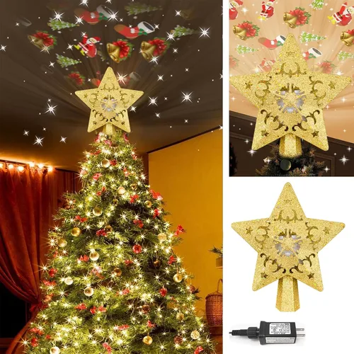 Vista 4 de AOMIL Adorno para la punta del árbol de Navidad, proyector de patrón giratorio 3D para adorno de árbol de Navidad, diseño hueco, decoraciones