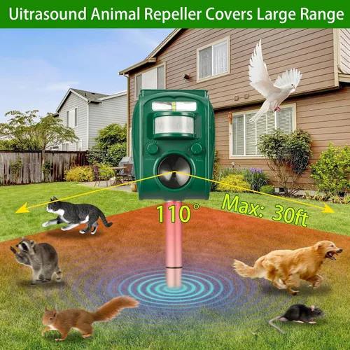 Vista 5 de Repelente solar ultrasónico de animales al aire libre, disuasorio de ardillas para gatos, perros y ciervos activado por movimiento, con luz