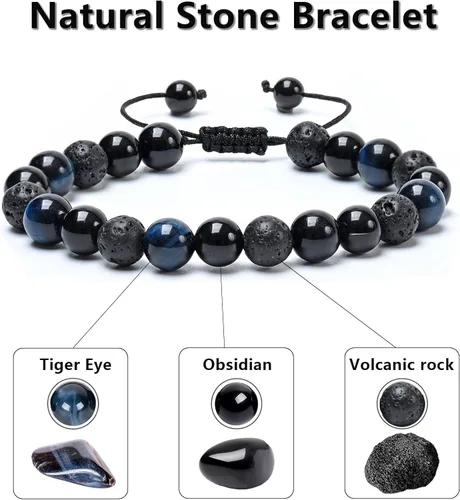 Vista 29 de SAMXY Triple Protection Bracelet, 8mm Healing Crystal Bead Bracelet, 3pcs Blue Red Tiger's Eye Obsidian Hematite Bracelet Women Men