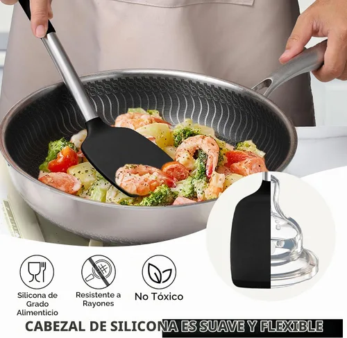 Vista 8 de Onader Juego de 10 utensilios de cocina de silicona, con soporte y mango de acero inoxidable resistente al calor para utensilios de cocina Negro