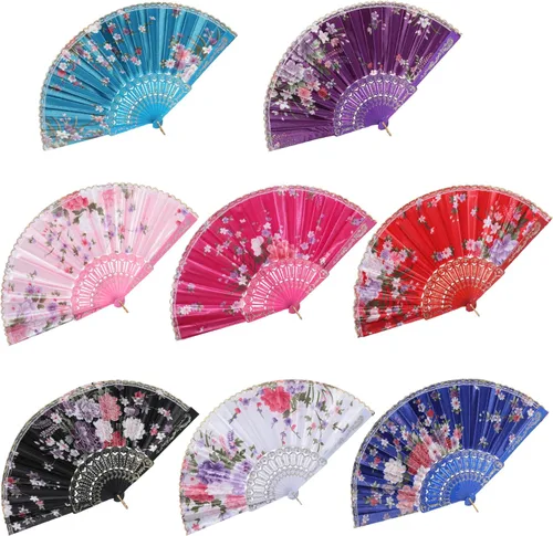 Vista 8 de BABEYOND - Abanicos de mano plegables florales, abanicos vintage de encaje, con patrones de flores de ciruela, abanicos de tela para bodas, bailes