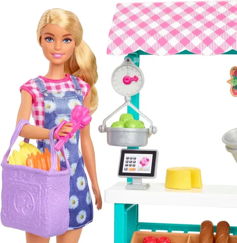 Vista 2 de Juego de Barbie Careers, set de mercado de granjeros con muñeca de moda rubia, muebles y accesorios