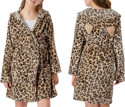 Vista 2 de Topgal Bata de baño con capucha de leopardo para niñas, de forro polar, para niños y adolescentes, talla 4T-18