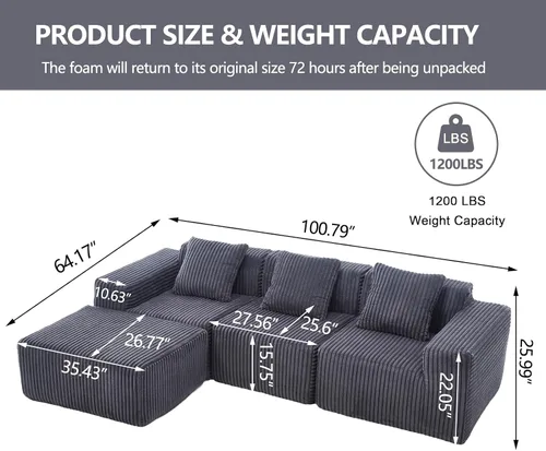 Vista 2 de Modern Minimalist Modular Sectional Sofa L-Shape Upholstered Cloud Couch with Deep Seats Right Facing Chaise for Living Room Bedroom Apartment Dark