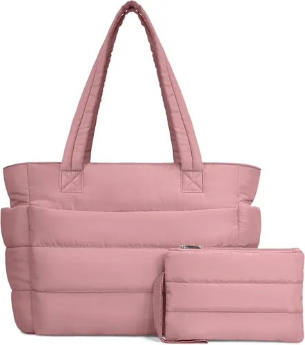 Vista 35 de TOPDesign Bolsa Tote Acolchada para Mujer, Bolso de Mano Ligero Inflado con Compartimentos, Bolsa de Hombro Acolchada para Trabajo, Viajes, Gimnasio
