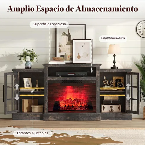 Vista 4 de AMERLIFE Soporte de TV con chimenea de 70 pulgadas para televisores de hasta 80 pulgadas, consola multimedia con armarios de almacenamiento