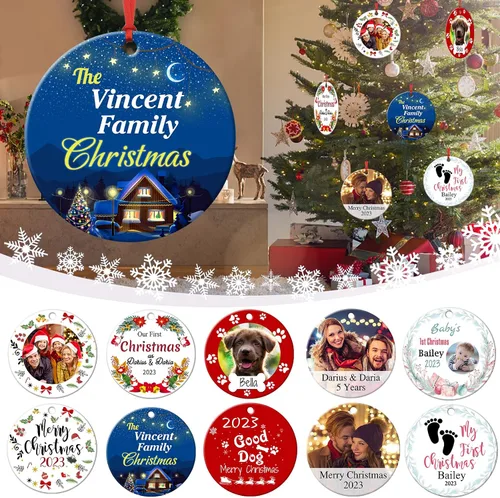 Vista 4 de Adornos de Navidad personalizados para la familia 2023, personaliza tus propios adornos de apellido para Navidad, decoración de árbol colgante