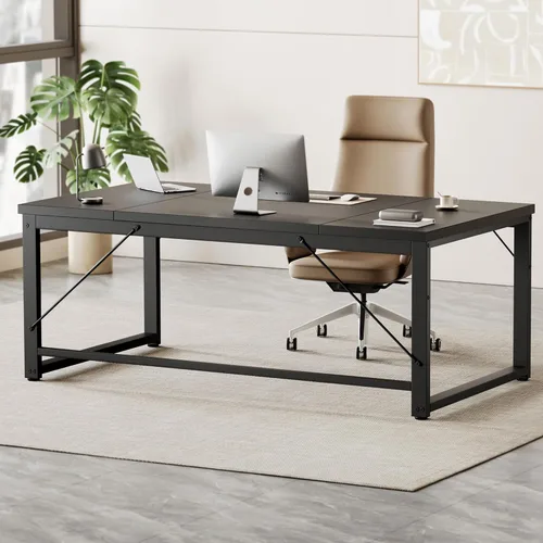 Vista 16 de Mericonia Escritorio de computadora, escritorio de juegos para espacios pequeños, mesa moderna de estilo simple para oficina en casa, mesa de Negro