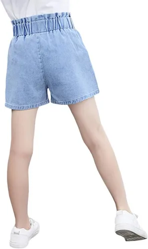 Vista 3 de Pantalones cortos de mezclilla elásticos de cintura alta con cordón para niña