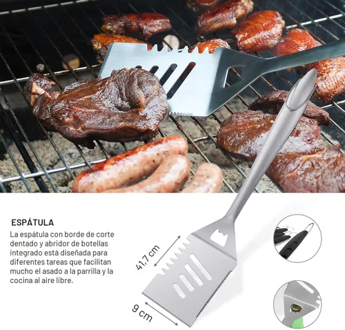 Vista 2 de Grilljoy Juego de 8 herramientas resistentes para parrilla BBQ con espátula de acero inoxidable extra gruesa, tenedor, pinzas y cepillo de limpieza