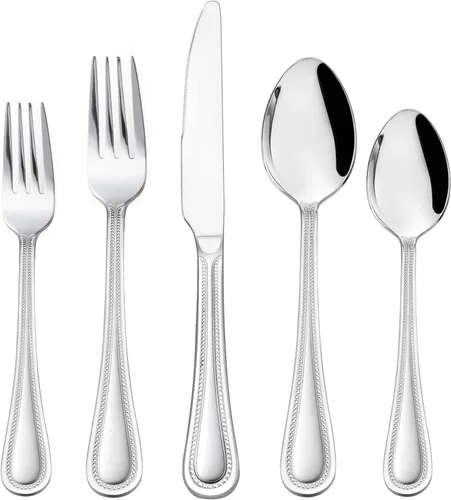 Vista 8 de Juego de cubiertos de 20 piezas, HaWare cubiertos de acero inoxidable servicio para 4, vajilla con borde perlado incluye cuchillo/tenedor/cuchara