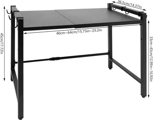 Vista 2 de Estante extensible para horno de microondas, estante ajustable para encimera de cocina, soporte de microondas de 2 niveles con 6 ganchos para Negro