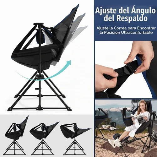 Vista 5 de Giantex Hamaca para exteriores, silla de campamento, mecedora con reposapiés extraíble, respaldo ajustable, almohada, soporte para tazas, bolsa