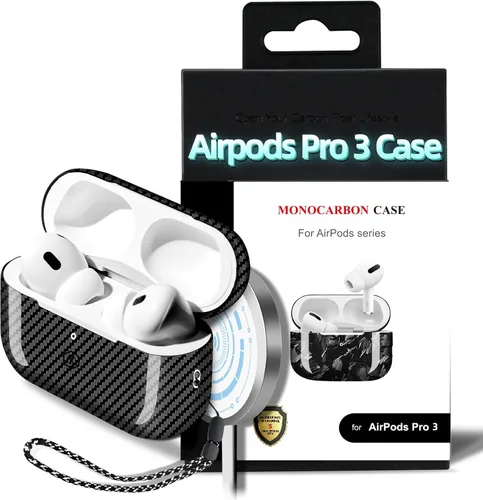 Vista 8 de MONOCARBON Funda de fibra de carbono forjada real para AirPods Pro 3, cubierta dura protectora delgada con cordón, compatible con MagSafe