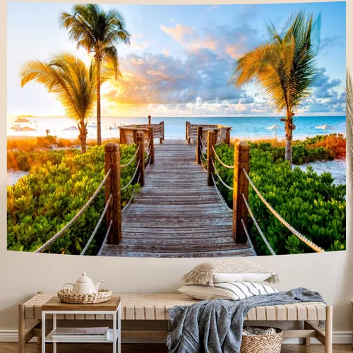Vista 5 de Delur Tapiz de playa y puesta de sol tropical, palmera, costero, tapiz para colgar en la pared, paisaje natural, cabecero psicodélico escénico