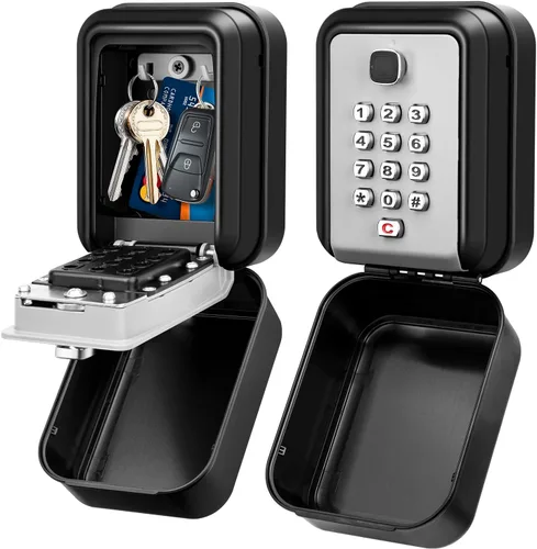 Vista 9 de HUANLANG Caja de seguridad para llaves con código, cajas de llaves impermeables para montaje en pared, 12 dígitos, teclado para llaves de casa