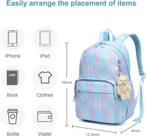 Vista 3 de Mochila para niños, mochila escolar clásica para niñas y niños, ligera, dos tamaños, multibolsillo, azul aguamarina