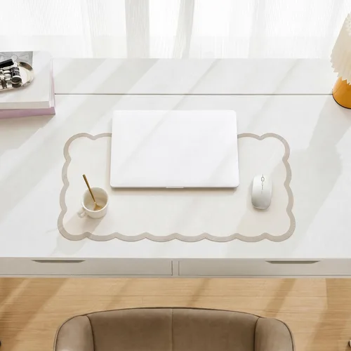 Vista 3 de Ohocut Alfombrilla de escritorio festoneada, piel sintética, rectangular para escritorio de oficina (beige, 23.6 x 13.7 pulgadas)
