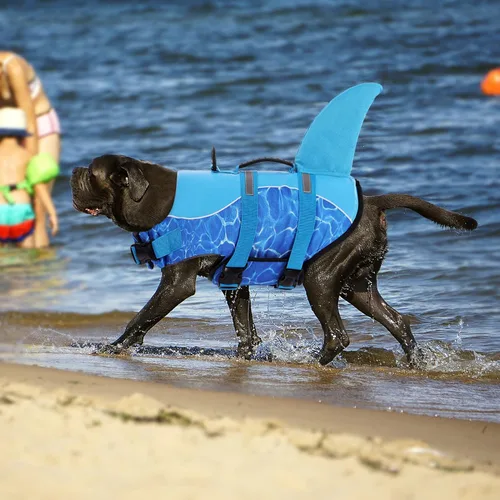 Vista 5 de Queenmore Chaleco Salvavidas para Perros Tiburón, Chaleco de Natación de Alta Flotabilidad, Chalecos Salvavidas para Perros Ajustables y Fáciles