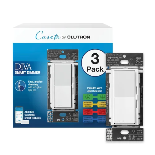 Vista 22 de Lutron - Interruptor inteligente Diva con regulador de intensidad de iluminación inteligente Caséta para bombillas LED, Alexa, Apple Homekit, Google