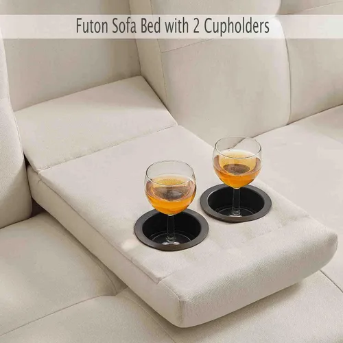 Vista 5 de Sofá cama futón tapizado de lino 100% tela con 2 portavasos/patas/reposabrazos extraíbles, sofá cama convertible moderno, sofá biplaza tapizado