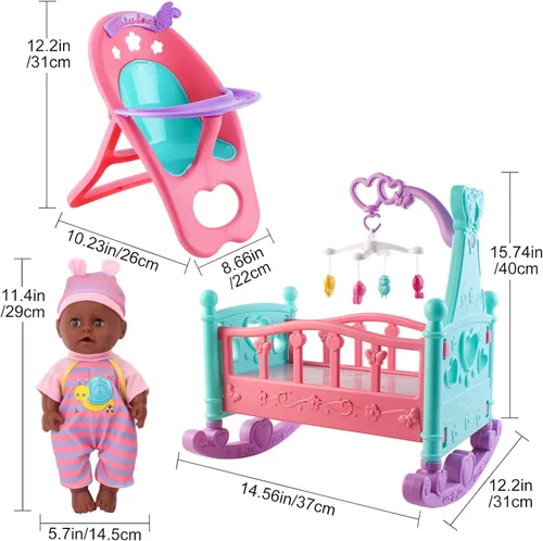Vista 5 de deAO Conjunto de Muñeca Bebé Negra - Móvil, Silla Alta, Cochecito y Accesorios de Alimentación - Juego de 21 Piezas (Muñeca Incluida) 21 PCS Baby