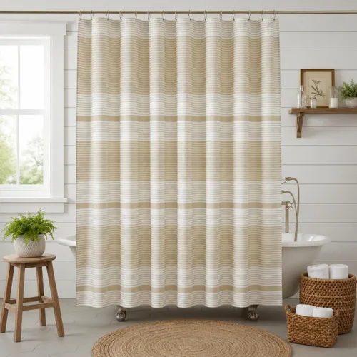 Vista 16 de Serafina Home Cortina de ducha de tela blanca y negra a rayas náuticas: hotel de lujo 100% algodón con tejido decorativo detallado para baño 70 "x