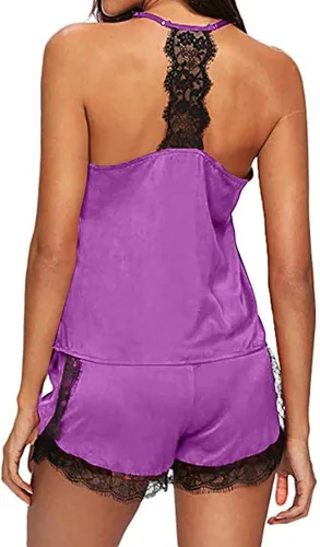 Vista 6 de Womens Two Piece Loungewear Sets Camisole Top With Elastic Shorts Teen Girls Summer Cooling Lace Trim Sleepwear