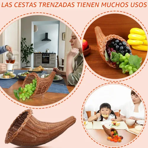 Vista 6 de HOMSFOU Cornucopia - Cestas de cuerno de imitación de vid de otoño, frutas de Acción de Gracias, cesta de cornucopia, bocina de pan para centro