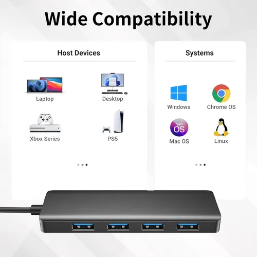Vista 4 de Concentrador USB 3.0, 4 puertos USB Hub Splitter Expander para laptop/Xbox/Flash Drive/HDD/Consola/Impresora/Cámara/Keyborad/Mouse (no para cargar)
