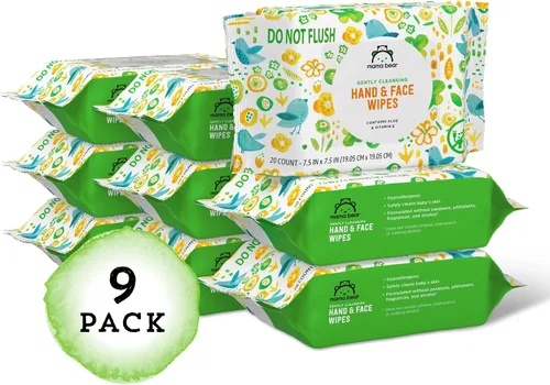 Vista 8 de Marca Amazon - Toallitas Mama Bear para manos y cara de bebé, sin perfume, 180 unidades (9 paquetes de 20)