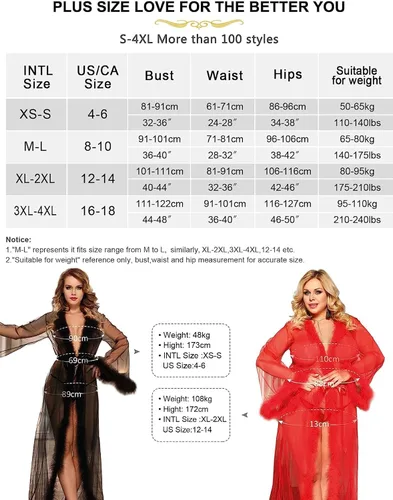 Vista 5 de ohyeahlady Women Long Kimono Robe Plus Size Sexy Sheer Mesh Fur Robe Lingerie Feather Bridal Robe
