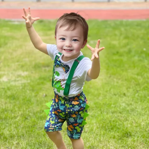 Vista 5 de Ropa divertida para el primer cumpleaños para bebé, ropa para bebé, con corbatín, mameluco, pantalones, conjunto de tirantes, trajes de pastel