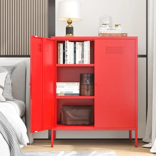 Vista 22 de Gabinete de almacenamiento de metal, soporte de TV de 2 puertas, armario decorativo con puertas y estante ajustable, armario de metal, mesita