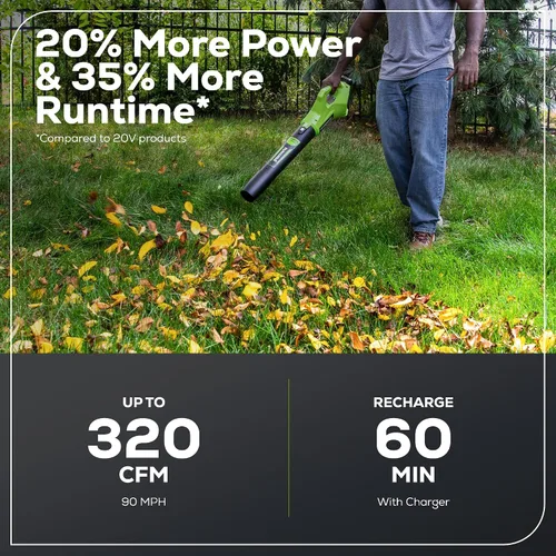 Vista 3 de Greenworks Soplador de hojas axial inalámbrico de 24 V (90 MPH / 320 CFM / más de 200 herramientas compatibles), batería de 2.0 Ah y cargador