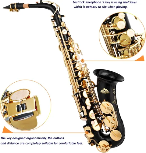 Vista 2 de EASTROCK Saxofón Alto Negro/Dorado Mi Bemol Kit Completo para Estudiantes Principiantes con Estuche de Transporte, Boquilla, Almohadillas Cojín