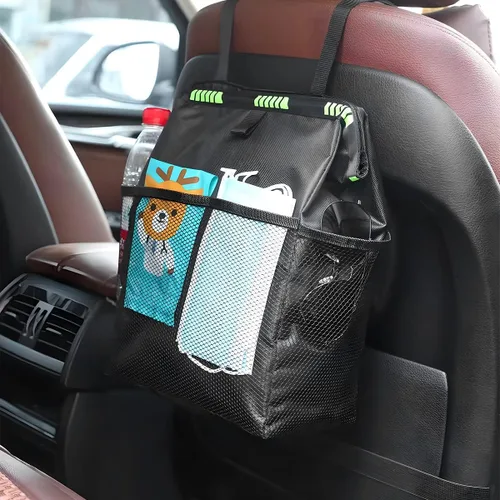 Vista 6 de Fekey&JF Bote de basura colgante para automóvil con bolsillos de almacenamiento, bolsa de basura Oxford impermeable a prueba de fugas, organizador