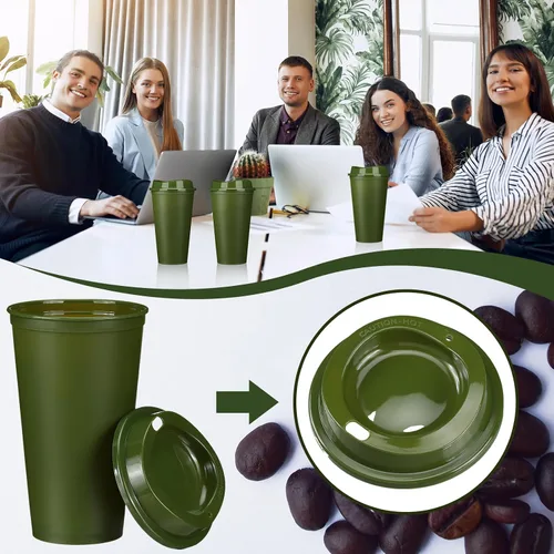 Vista 5 de Domensi - Paquete de 15 tazas de café reutilizables con tapas, 15 unidades Verde militar