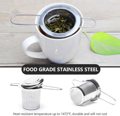 Vista 2 de Infusor de té, filtros de malla fina más empinados de acero inoxidable, colador de té de gran capacidad con mango y tapa plegables, colgar