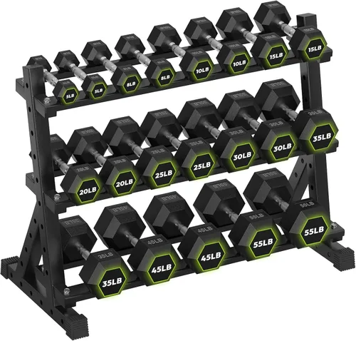 Vista 24 de HANDBODE Dumbbell Set with Rack, Rubber Coated Fixed Dumbbells 360-790 lbs Heavy Duty Hexagonal Weights, Non-Roll Hexagon Shape for Stability