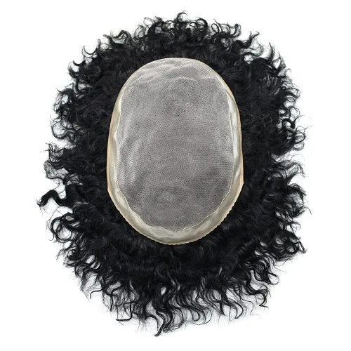 Vista 6 de Afro Curl Black Mens Toupee Afro Americano Unidades de Cabello para Hombres Negros Kinky Rizado Fino Mono Brasileño Cabello Humano Pelucas Hombres