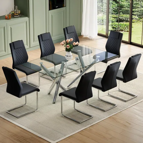 Vista 22 de Juego de mesa de comedor de cristal para 6, 71 pulgadas juego de mesa de comedor moderno para 6 7 Piece Dining Table Set, 6 White Dining Chairs