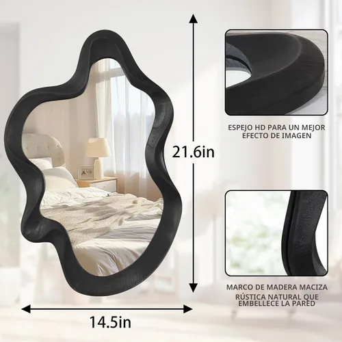 Vista 7 de Espejo asimétrico para decoración de pared, grande, moderno, ondulado, con marco de madera, espejo de pared con forma única montado en pared