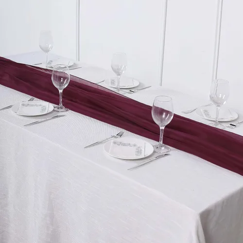 Vista 7 de Tableclothsfactory Camino de mesa de gasa de amatista de 22 x 80 pulgadas para bodas, fiestas, banquetes, decoración, ajuste rectangular y mesa