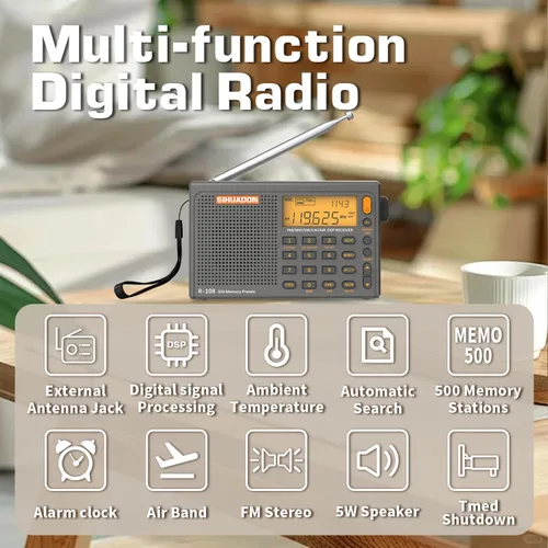 Vista 2 de SIHUADON R-108 Radio portátil AM FM SW LW Airband, pequeña radio de emergencia retro digital funciona con pilas, 5 W, altavoz con alarma