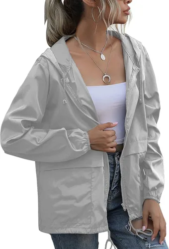 Vista 23 de PESION Chaqueta impermeable ligera para mujer, rompevientos con capucha y bolsillo para exteriores Verde militar