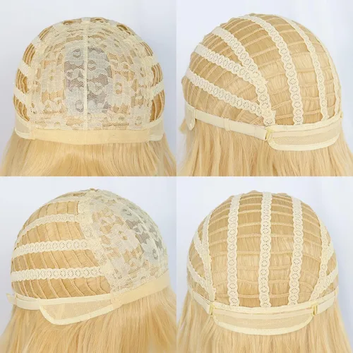 Vista 6 de ANOGOL Gorro de pelo + 31.5 in32 pulgadas, peluca amarilla rizada para anime, cosplay, mujer, peluca larga rubia con flequillo, cabello amarillo