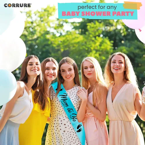 Vista 8 de CORRURE Baby Shower Mom to Be Faja para niño o niña – Hermosa cinta azul y texto de aluminio negro – Ideal para revelación de género, regalos