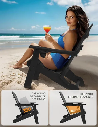 Vista 5 de Silla Adirondack Plegable, Sillas Adirondack de Plástico con Textura de Madera con 2 Portavasos, Silla para Hoguera de HDPE Resistente a